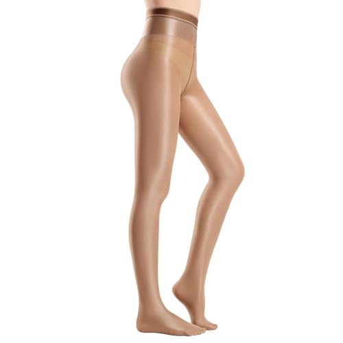 Yilanmy Shiny Pantyhose for Women Shimmer Tights Ultra Oil Glossy Stockings 70D Brown Dance Jazz Tights