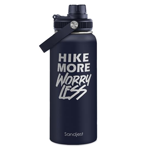 Image of SANDJEST Hiking Insulated Stainless Steel Water Bottle 32oz, Hike More Worry Less, Vacuum Chug Lid Travel Tumbler for Men Friends Dad Brothers Hikers, Gift for Birthday Christmas Fathers Day