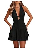 Floerns Women's Deep V Neck Ruched A Line Halter Mini Dresses Tie Front Asymmetrical Layered Club Party Dresses Black X-Small