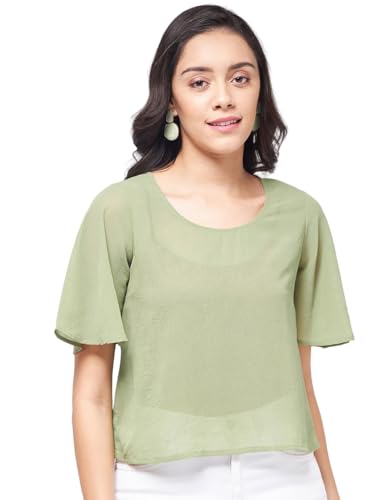 Image of Zima Leto Women's Stylish Sheer Crop Top | Trendy Solid Lightweight Blouse with Half Sleeves | Chic Casual Summer Party Top for Girls | Modern Layering Outfit for Office, Travel & Daily Fashion