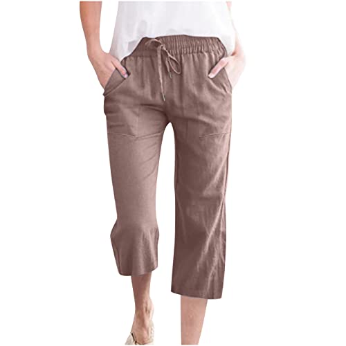 Summer Cotton Linen Capri Pant Women Casual Loose Straight Wide Leg Beach Trouser Elastic Waist Drawstring Capris Brown