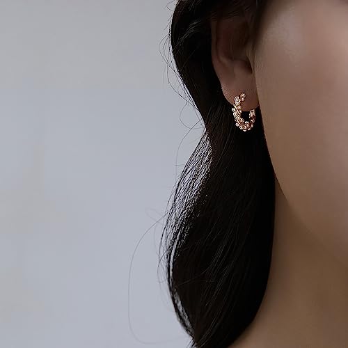 Pearl Hoop Earrings For Women Gold Pearl Twist Hoop Earrings Dainty Small Pearl Huggie Hoop Earrings Hypoallergenic Open Pearl Earrings Birthday Gift For Women Girls (Gold) #TOP2