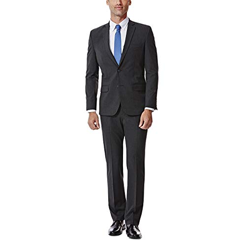 J.M. Haggar 4-Way Stretch Solid 2-Button Slim Fit Suit Separate Coat, Charcoal Heather, 46R with Separate Pant, Charcoal Heather, 32Wx38L