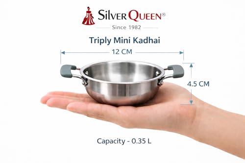 Image of Silver Queen Triply Stainless Steel Mini Kadhai 12 cm (0.35 L) with Silicone Handles | Triply Steel Kadai for Cooking | Durable Small Kadhai for Everyday Use, Cute kadai