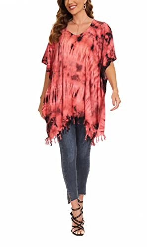 Beautybatik Red Womens Boho Hippie Batik Tie Dye Plus Size Tunic Blouse Kaftan Top 1X