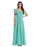 JAEDEN Damen Abendkleider Kurze Ärmel V-Ausschnitt Brautjungfernkleider Chiffon Festliche Kleider Aqua 48