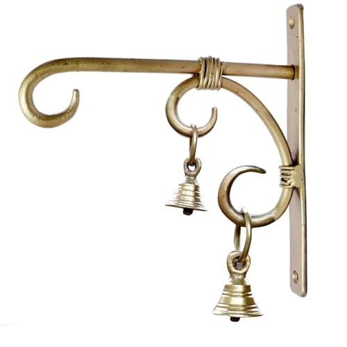 Image of Decorative Brass Finish Wall Bracket with Bells - Hand Forged Antique Golden Metal Hanger for Diya, Lanterns, Wind Chimes & Planters | Indoor Outdoor Wall Decor-Pack of 1