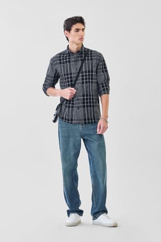 Image of SNITCH Men Casual Shirt | Regular Fit Full Sleeve Mandarin Collar Check Pattern | Cotton Linen Blend & Breathable Fabric for Office & Everyday Wear