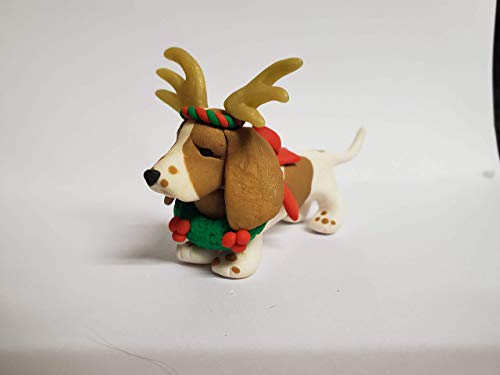 Basset Hound Christmas Ornament Antlers & Wreath White and Tan Handmade Polymer clay