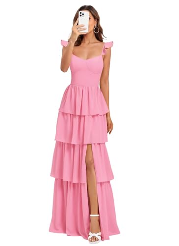 Dessiny Hot PinkTiered Ruffle Bridesmaid Dresses for Women 2025 A Line Spaghetti Straps Ruched Chiffon Long Formal Maxi Dress with Slit US6