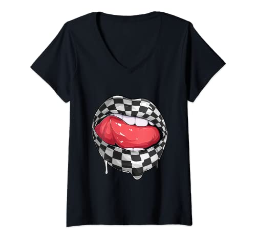 Mujer Funny Checkered Black White Lip Racer Race racing car Women Camiseta Cuello V