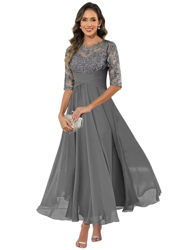 HUINI Damen Brautmutterkleid Chiffon Lang - Spitzen Formales Abendkleid Kleider Halbärmel A-Linie...
