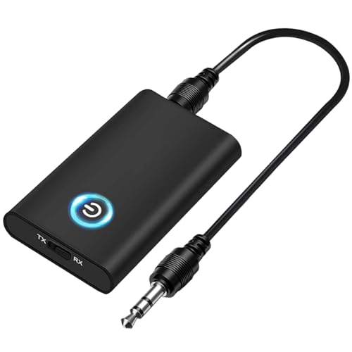 Bluetooth 5.0 Transmitter and Receiver, 2-in-1 Wireless 3.5mm Adapter 2 Devices Simultously Mini Portable 3.5mm Jack, Low Latency for PC/TV/Car Sound System/Wired Speakers