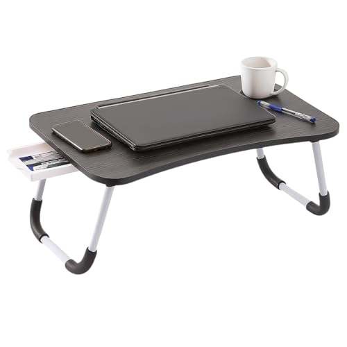 TIENDA EURASIA – Mesa Plegable Portatil | con Posavasos y Cajón Organizador | Superficie de Madera MDF | Base de Hierro y Plástico PP | 60x40x26 cm | Patas Antideslizantes (Negro)