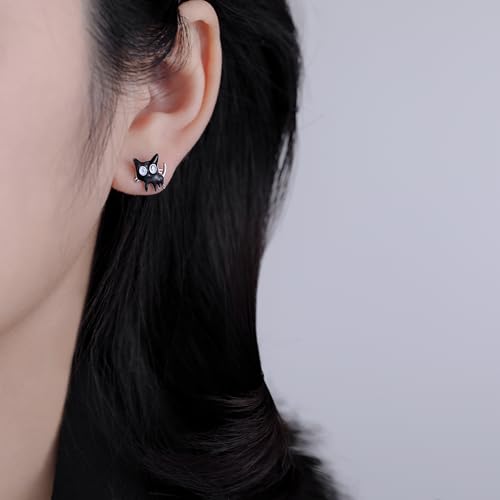 SLUYNZ Sterling Silver Small Cat Studs Earrings for Women Teens Black Cat Earrings Studs Small Kitten Earrings Cat Gift for Cat Lovers2