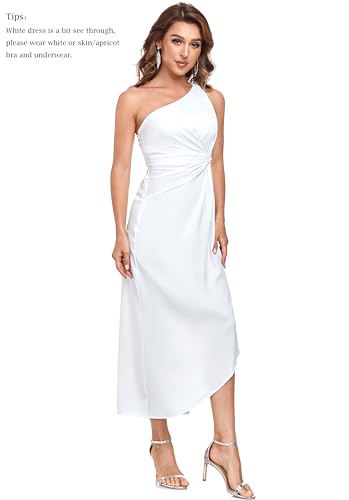 Image of Women's One Shoulder Satin Silk Backless Split Wrap Hem Twist Ruched Summer Party Cocktail Midi Dress