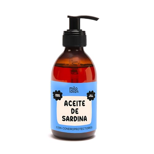 Milo y Lola Aceite de Sardina para Perros y Gatos - Fuente de Omega 3 EPA y DHA - con Glucosamina y Condroitina para la Salud Articular y Pelaje - Todo Tipo de Dietas - 100% Natural (250 ml)