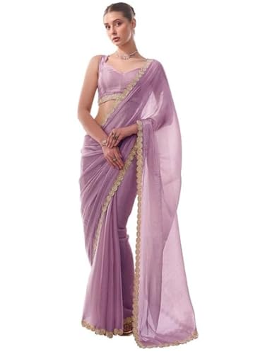 Image of ORHANS Women's Chiffon Saree with Unstitched Blouse Piece Solid Pattern and Laced Border | Lightweight Sarees for Woman | Plain Saris Daily Use | Womens Saree Modern Pattern| Stylish Saree