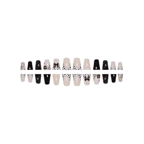 Image of Black Nails Press ons Duck Fake Nails White French Tip False Nail with Star Design Glossy Full Cover Glue on Nail Reusable Artificial Acrylic Bow Stick on Nail for Women Manicure 24Pcs