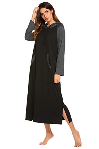 Ekouaer Womens Modal Long Sleeve Nightgown,Casual Full Length Long Sleep Dress, Black, XX-Large