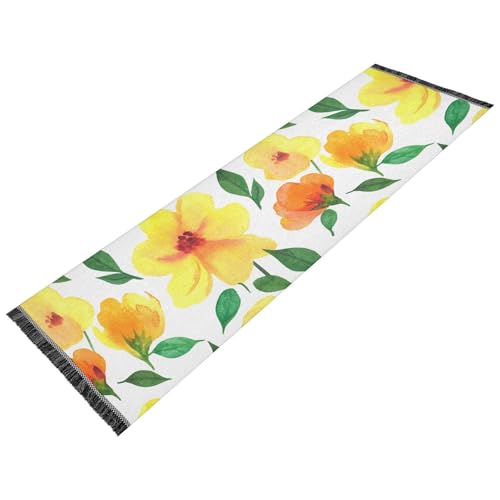 Watercolor Blossom Leaves Yellow Runner Rug for Hallways Kitchen Rugs Washable Rug for Lanundry Room Entryway 72 * 23.5 in