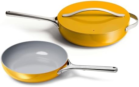 Caraway Fry Pan and Sauté Pan Duo - 10.5” Ceramic Frying Pan and 11.8” Deep Sauté Pan with Lid - Non Stick, Non Toxic, Oven Safe - Marigold - Thumbnail 2