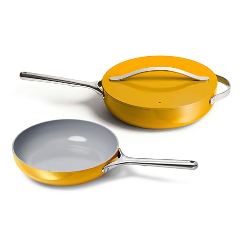 Caraway Fry Pan and Sauté Pan Duo - 10.5” Ceramic Frying Pan and 11.8” Deep Sauté Pan with Lid - Non Stick, Non Toxic, Oven Safe - Marigold