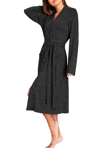 NLAND Peignoir Femme Léger Robe de Chambre Longue Col en V Doux et Confort Sortie de Bain Légère Vêtements de Nuit(Gris Foncé,L)