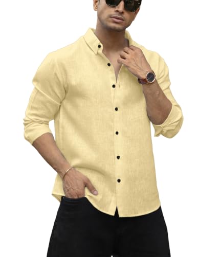 Image of NexaFlair Men's Shirt Regular Fit Solid Pattern Linen Cotton with Long Sleeve Collared Neck Standard Length and Button Down Closure Type | Mens Casual Shirts | Man's Formal Shirts