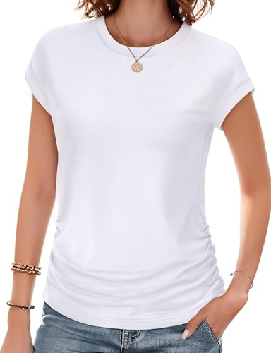 Trendy Womens Summer Tops 2025- Chic Ruched Short-Sleeve Crewneck T Shirts Fashionable Casual Wear