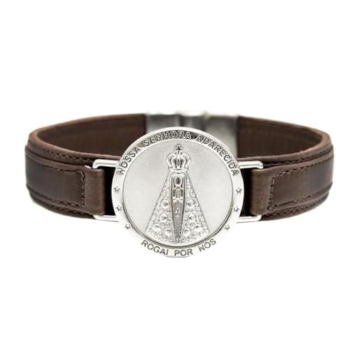 Pulseira de Couro Magnética Feminina Marrom Nossa Senhora Aparecida Fundo Prata Religiosa Estilo Relógio + Terço(23cm)