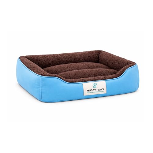 Image of MUDDY PAWS Reversible Sofa Style Dog Bed - XXL (95 x 73 x 22 cm) - Plush Fur Surface, Removable Cushion & Anti-Skid Base - Sky Blue & Brown