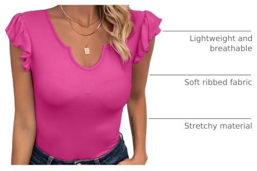 Image of VICHYIE Summer Women Ruffle Cap Sleeve Pretty Fitted Shirt | Ribbed Knit, Basic, Casual, Fashion Blouse, Solid Color