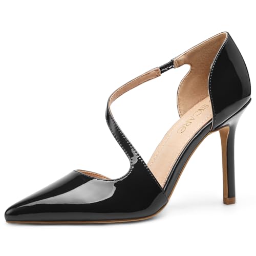 Image of Women's Pointed Toe High Heel Pumps, Elegant Asymmetric Cross Strap D'Orsay Stiletto Strappy Heels, Glossy Patent Dress Shoes for Wedding, Party, and Office