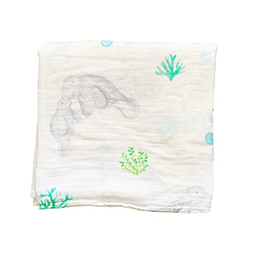 Image of Florida Kid Co. Manatee Baby Swaddle Blanket - 70% Viscose from Bamboo, 30% Cotton Muslin - Silky Soft, Breathable, Lightweight, Large - 47 in. x 47 in.
