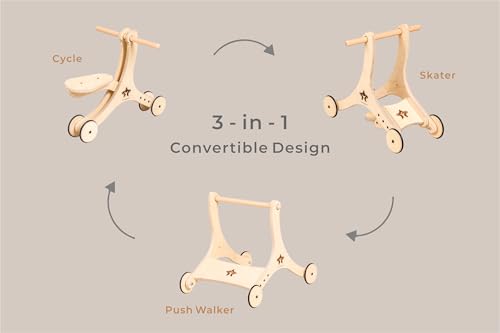 Image of 3-in-1 Convertible Wooden Walker, Cycle & Skater - Multi-Stage Ride-On for Growing Kids (Wood Finish)