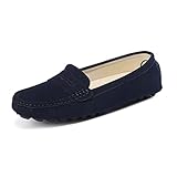 SUNROLAN 808-2lan7.5 Womens Classic Driving Loafers Genuine Leather Casual Slip On Boat Shoes Comfort Flats Vavy Blue US 7.5