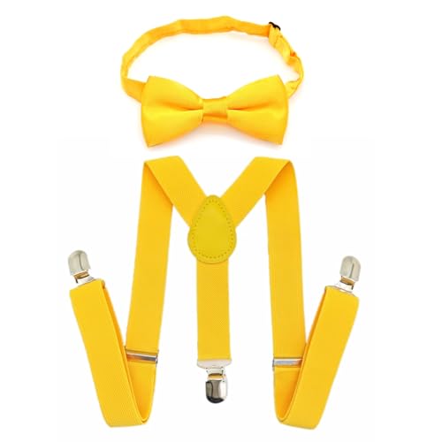JZK Gelb fliege und hosenträger set kinder unter 135 cm, Y-Form 3 Clip Verstellbare Hosenträger...