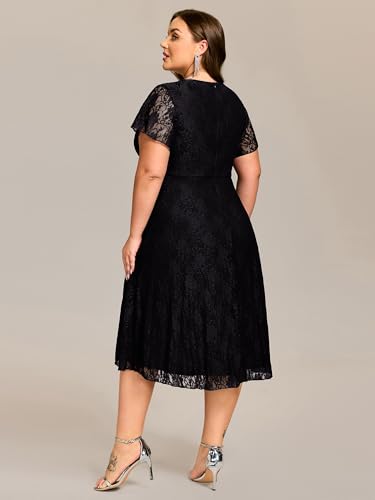 Image of Ever-Pretty Plus Women's Summer V Neck Short Ruffles Sleeves Lace Midi Plus Size Cocktail Party Formal Dresses