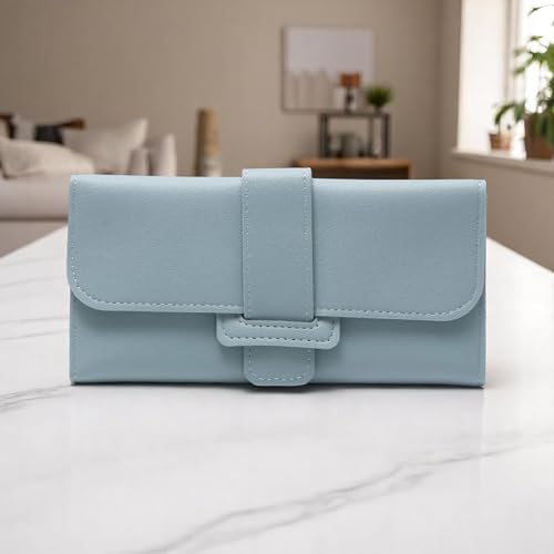 1Pcs Simple Wallet Long 3-Fold Drawstring Wallet PU Leather Sky Blue 19x9cm