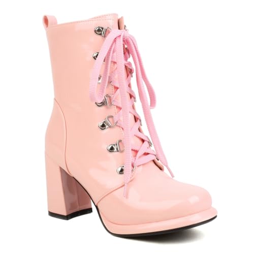 Women's Chunky High Heels Ankle Boots Lace Up Zip Round Toe Patent Leather Winter Dressy Short Booties