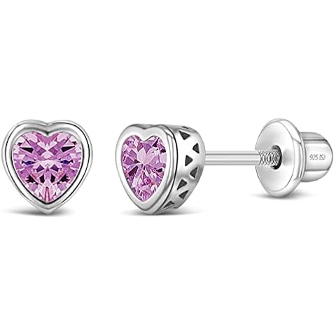 925 Sterling Silver 5mm Simulated Pink Tourmaline Birthstone Heart Screw Back Earrings for Little Girls - Pretty Heart Earrings for Children - Pink CZ for October Birthday Cover