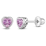 925 Sterling Silver 5mm Simulated Pink Tourmaline Birthstone Heart Screw Back Earrings for Little Girls - Pretty Heart Earrings for Children - Pink CZ for October Birthday