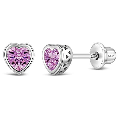 925 Sterling Silver 5mm Simulated Pink Tourmaline Birthstone Heart Screw Back Earrings for Little Girls - Pretty Heart Earrings for Children - Pink CZ for October Birthday