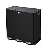 Home Zone Living 24 Gallon Kitchen Trash Can with Three Removable Compartments for Recycling and Trash, Stainless Steel, Black, 8 Gallons Each