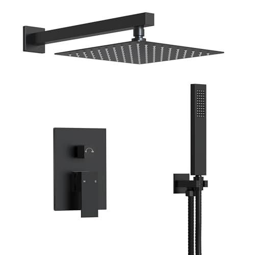 EVERSTEIN 10 Inch High Pressure Rainfall Shower System with Handheld Spray Wall Mount Bathroom Shower Faucet Set with Valve (Matte Black)
