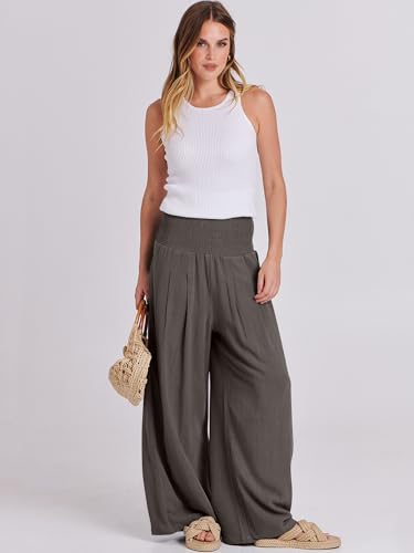 Image of ANRABESS Women Linen Palazzo Pants Summer Boho Wide Leg High Waist Casual Lounge Pant 2026 Beach Travel Vacation Outfits