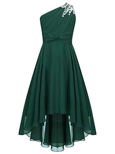 iEFiEL Elegante Mädchen Kleid Festlich EIN-Schulter Hochzeitskleid Blumenmädchenkleider Abendkleid Vokuhila Kleid Partykleid Sommerkleid A Grün 134-140