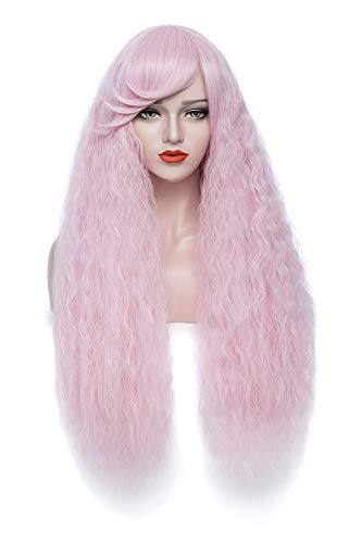 Bopocoko Pink Wigs for Women 32'' Extra Long Curly Wavy Hair Wig With Bangs Cute Fluffy Cosplay Costume Wig for Party Halloween BU231PK