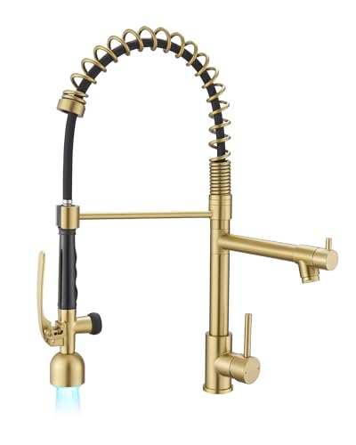 Fapully Single Handle High Arc Brushed Gold Pull Down Kitchen Faucet LED,Single Level Kitchen Sink Faucets with Pull Down Sprayer